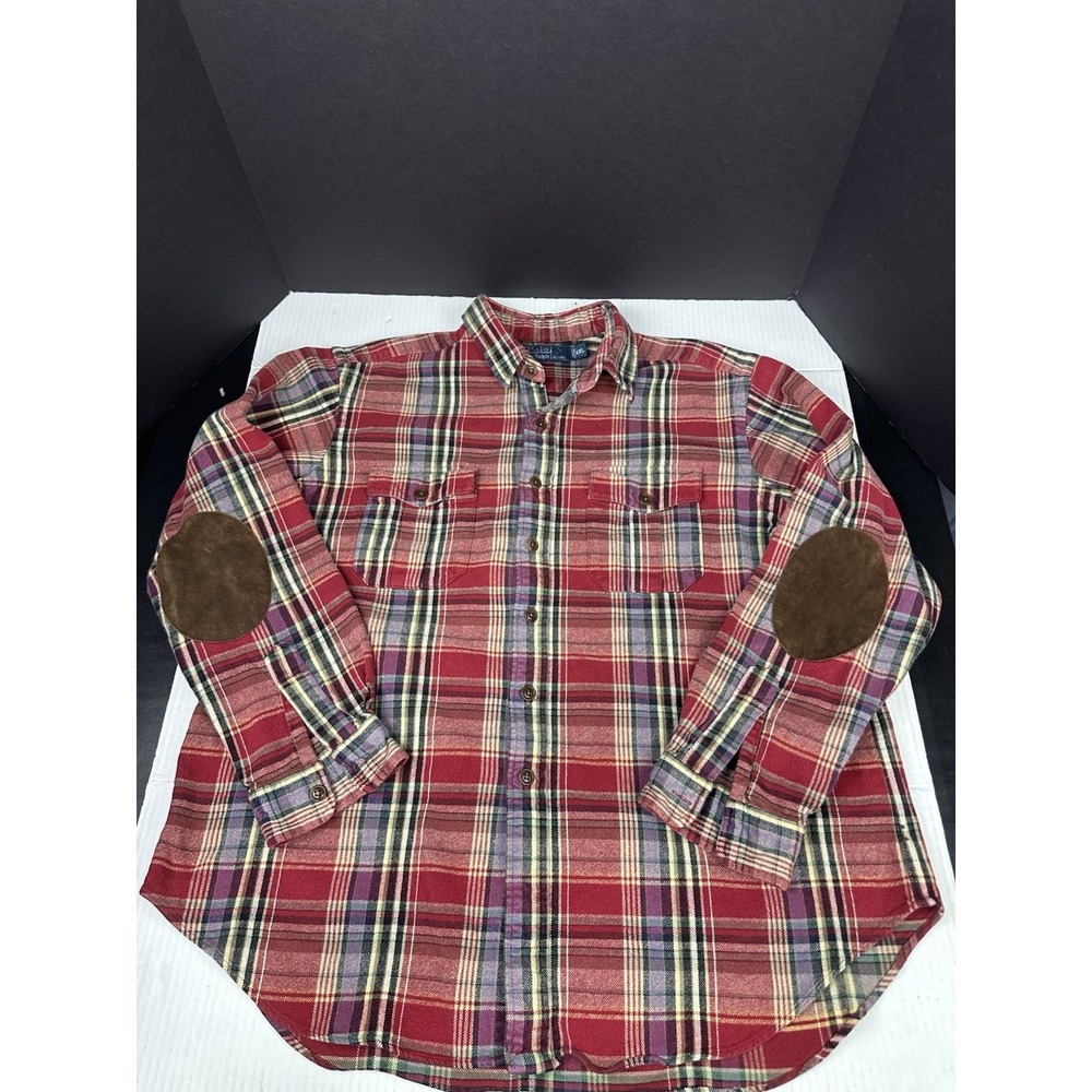Polo Ralph Lauren Shirt Mens XXL Red Plaid Elbow Patch Flannel Western Pockets